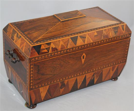 An early 19th century Tunbridgeware rosewood sarcophagus shape tea caddy, 12in.